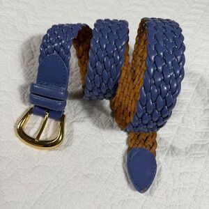 Talbots Braided Leather Belt Women Large Blue Gold Buckle Preppy Woven NWOT